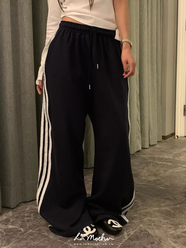 蕾絲條紋毛巾布棉褲